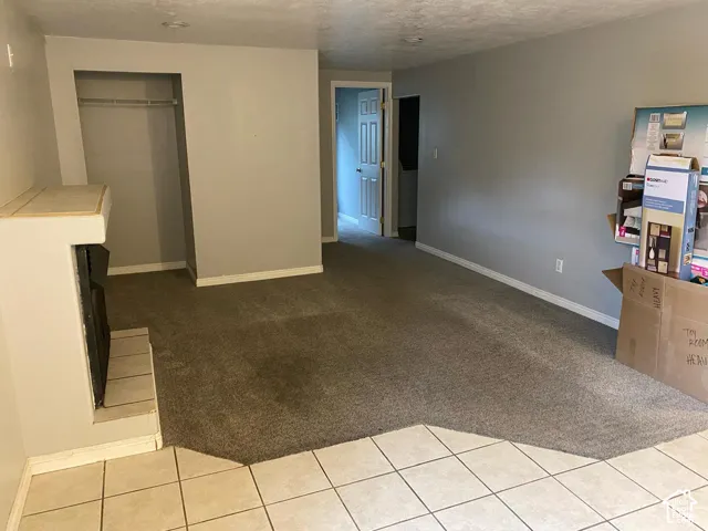 Interior space featuring a fireplace with a tiled hearth and mantel, wall-to-wall carpeting, recessed lighting, and a built-in closet with a shelving rod