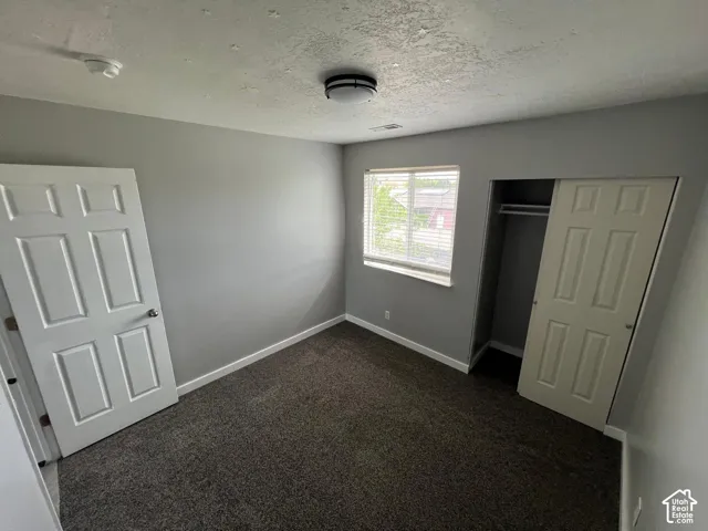 Room featuring neutral wall tones, wall-to-wall carpeting, a built-in closet with sliding doors, and a window with horizontal blinds