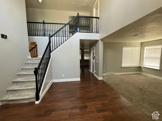 Two-story entryway featuring high ceilings, wood-finish flooring, and a staircase with a black balustrade