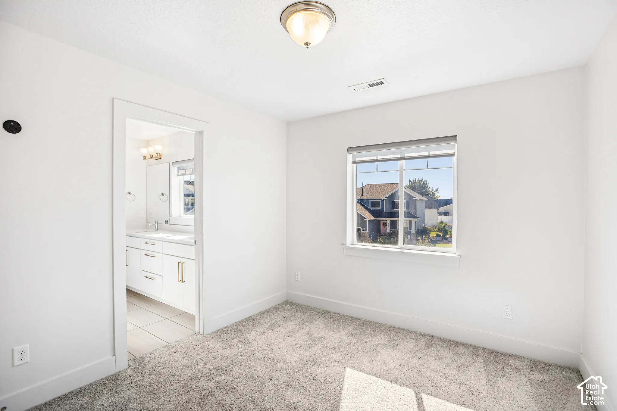 Neutral-toned carpeting, double-pane window with roller shade, overhead dome lighting, and doorway leading to a vanity area with white cabinetry