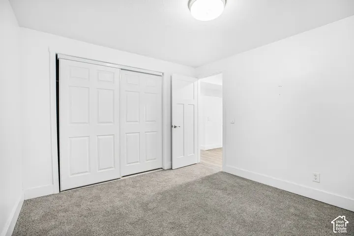 Room featuring neutral carpeting, double sliding closet doors, a shaker-style interior door, and a flush-mount ceiling light fixture