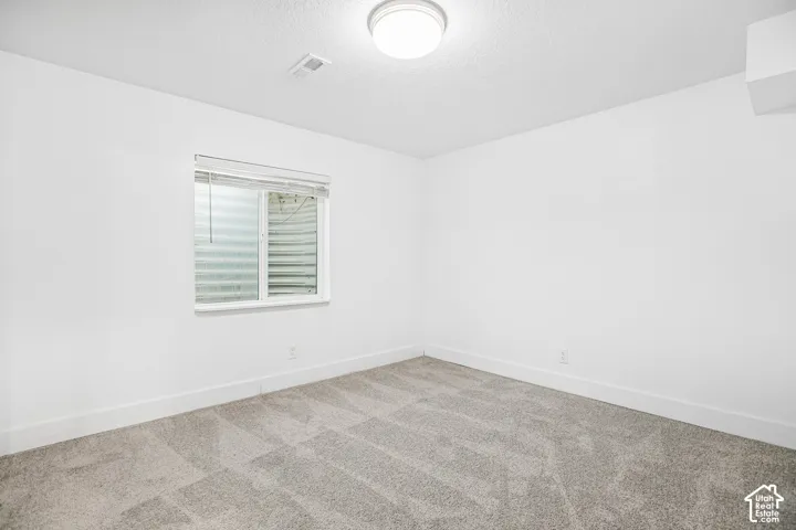 Neutral-toned carpeting, crisp white walls, flush-mount dome lighting, and a window with a metal egress well