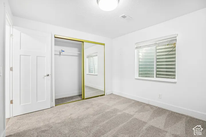 Neutral-toned wall-to-wall carpeting, sliding mirrored closet doors, and a double-hung window with a metal window well
