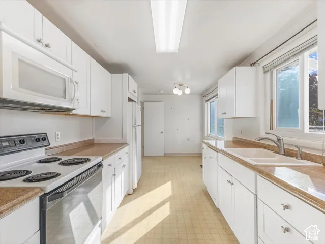 Kitchen featuring white shaker-style cabinetry, expansive solid-surface countertops, dual-basin sink with gooseneck faucet, integrated microwave, and large-format panel lighting
