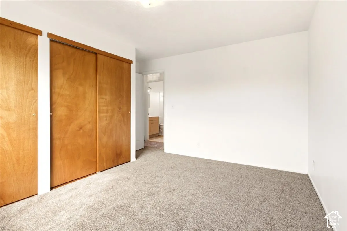Interior space featuring wall-to-wall carpeting, wood-finish sliding closet doors, and flush-mount lighting