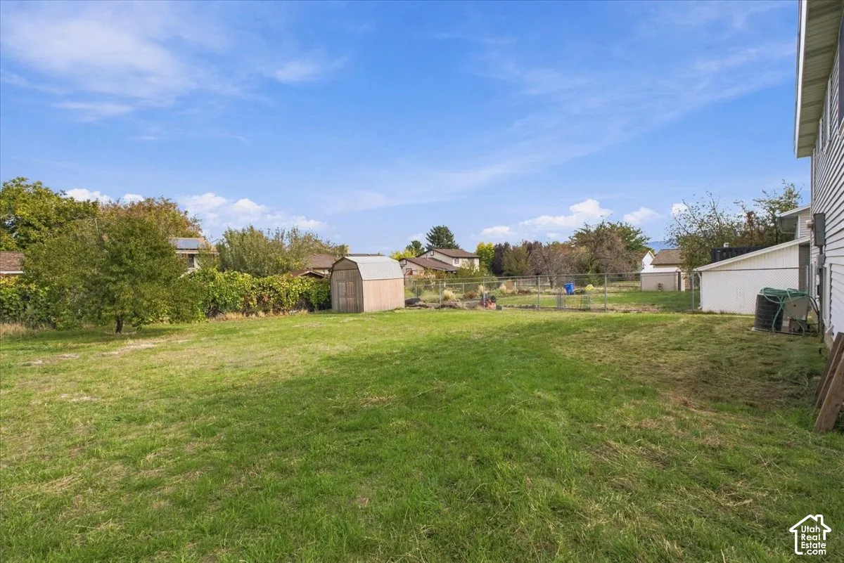 Expansive backyard featuring a large grass lawn, perimeter chain-link fencing, mature trees, and a detached storage shed