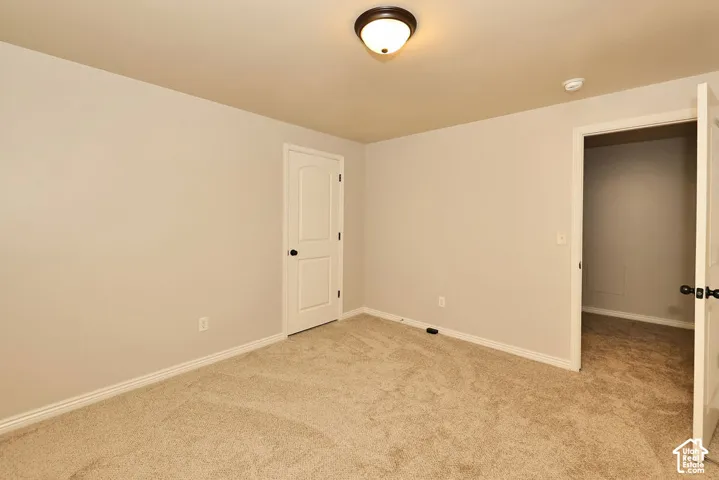 Neutral-toned interior space featuring neutral wall paint, wall-to-wall carpeting, a multi-panel interior door, and a flush-mount ceiling fixture