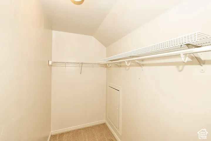Storage area featuring white wire shelving, wall-mounted hanging rods, and neutral-toned carpeting