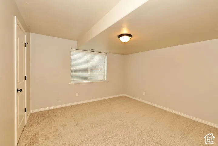 Neutral wall tones, wall-to-wall carpeting, single-pane window with installed blinds, and a dome ceiling light fixture