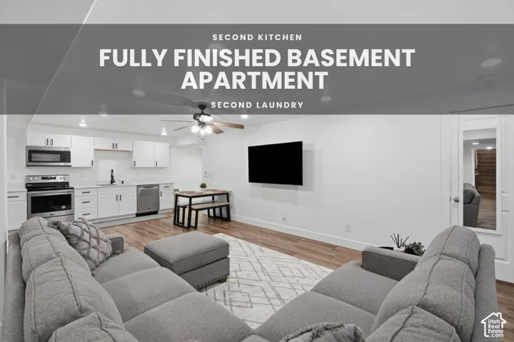 Kitchen featuring white shaker-style cabinetry, stainless steel appliances, and wood-finish flooring, complemented by recessed lighting and a ceiling fan