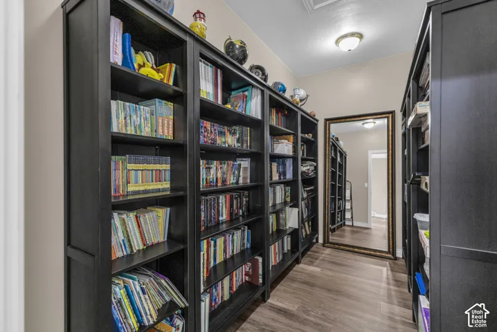 Built-in floor-to-ceiling dark cabinetry and wood-finish flooring