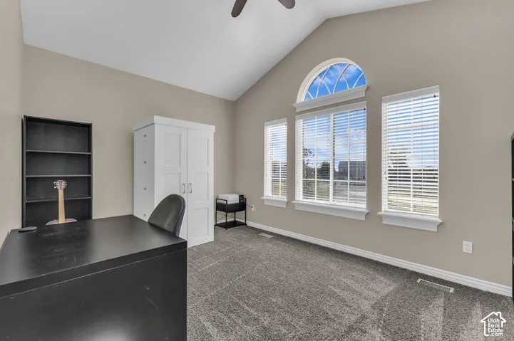 Vaulted ceiling featuring a central ceiling fan and an arched window with multi-pane detailing