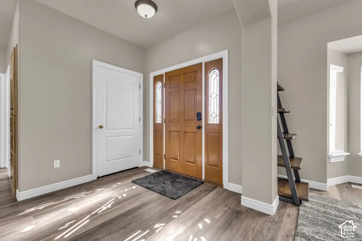 Entryway featuring wood-finish flooring, a six-panel wood door with glass sidelights, and a flush-mount ceiling light fixture