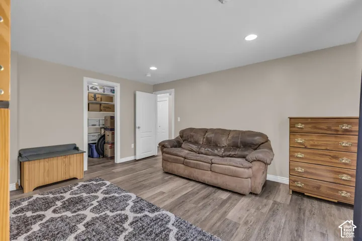 Room featuring wood-finish flooring, recessed lighting, and a built-in walk-in storage closet