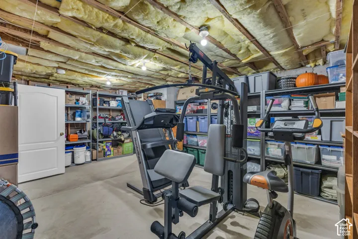 Unfinished storage area featuring exposed ceiling joists, fiberglass batt insulation, concrete flooring, and a solid-core interior door