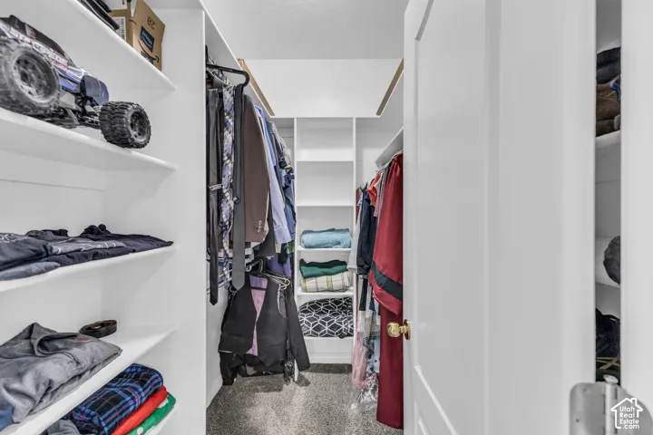 Walk-in closet featuring white built-in shelving, vertical storage compartments, and carpeted flooring