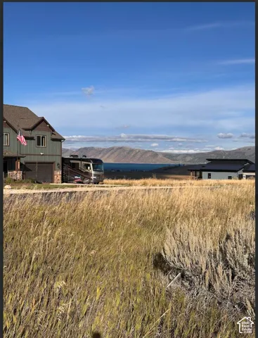 Open field with natural grasses, asphalt road, and mountain and water horizon