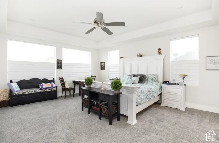 Spacious interior room featuring a tray ceiling, neutral wall-to-wall carpeting, recessed lighting, and a multi-blade ceiling fan