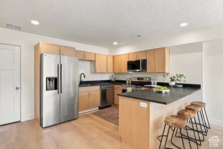 Kitchen featuring light-tone wood cabinetry, dark-finish countertops, stainless steel appliances, a peninsula with an overhang, and wood-finish flooring