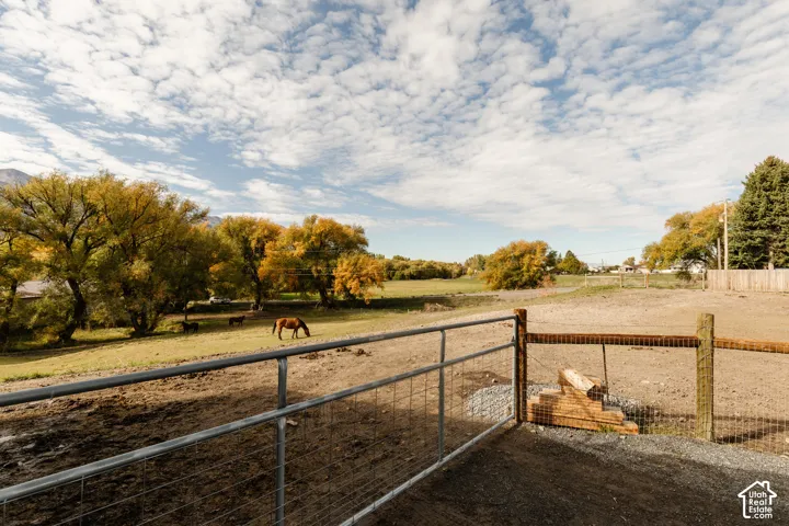 Expansive acreage featuring metal perimeter fencing, mature trees, open pasture, and mountain scenery