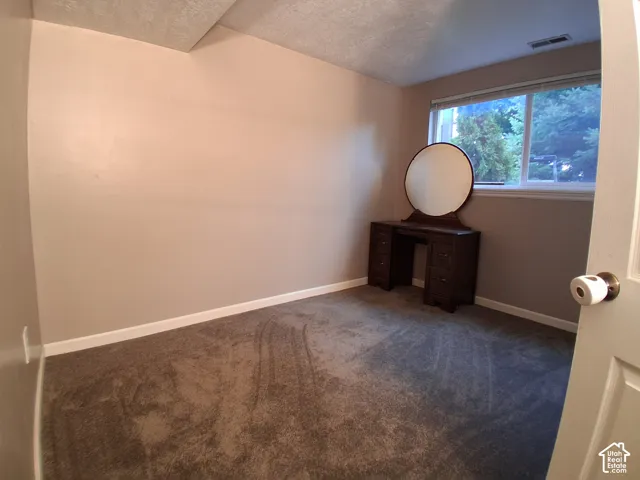 Neutral-toned walls, plush wall-to-wall carpeting, and a wide horizontal window