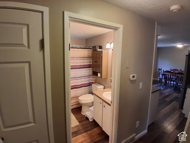 Bathroom featuring a vanity with a countertop basin, wall-mounted storage cabinet, and wood-finish flooring