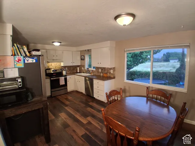 Kitchen featuring white cabinetry, wood-finish flooring, stone-tiled backsplash, stainless steel appliances, and large window