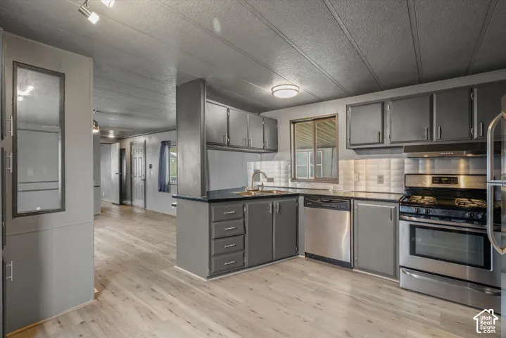 Kitchen featuring charcoal-toned cabinetry, light-toned wood-finish flooring, stainless steel appliances, and a tile backsplash