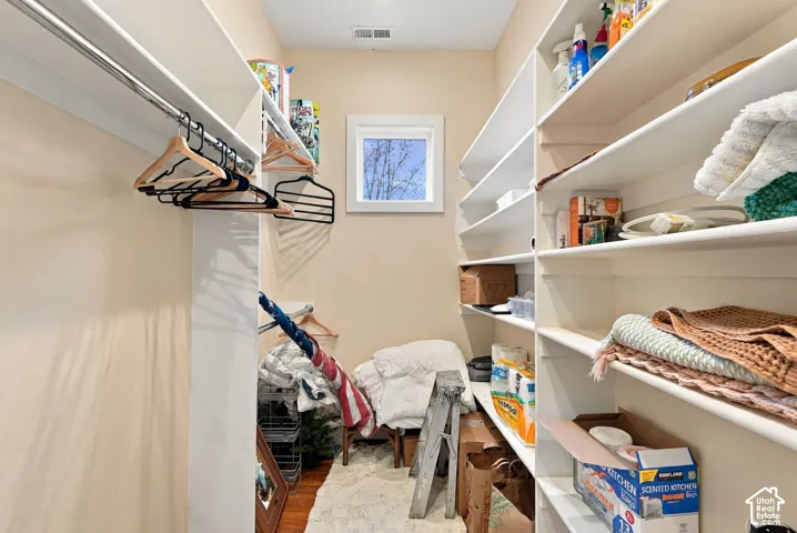 Walk-in storage space featuring custom white built-in shelving, a stainless steel hanging rod, and a window with exterior exposure