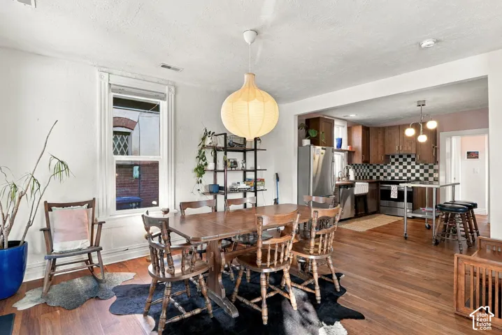 Dining area and kitchen featuring wood-finish flooring, a spherical pendant light fixture, apron-front sink, and checkerboard backsplash