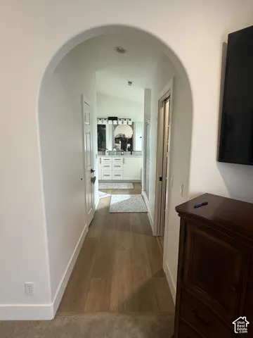 Arched entryway with wood-finish flooring