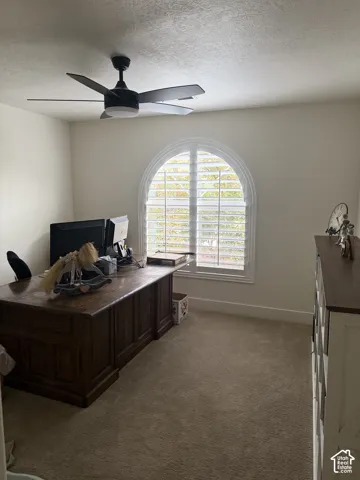 Arched window featuring white plantation shutters, neutral carpeting, and a modern black ceiling fan with an integrated light fixture