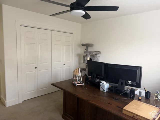 Neutral-toned interior featuring dual-panel closet doors, wall-to-wall carpeting, and a matte black ceiling fan with integrated lighting