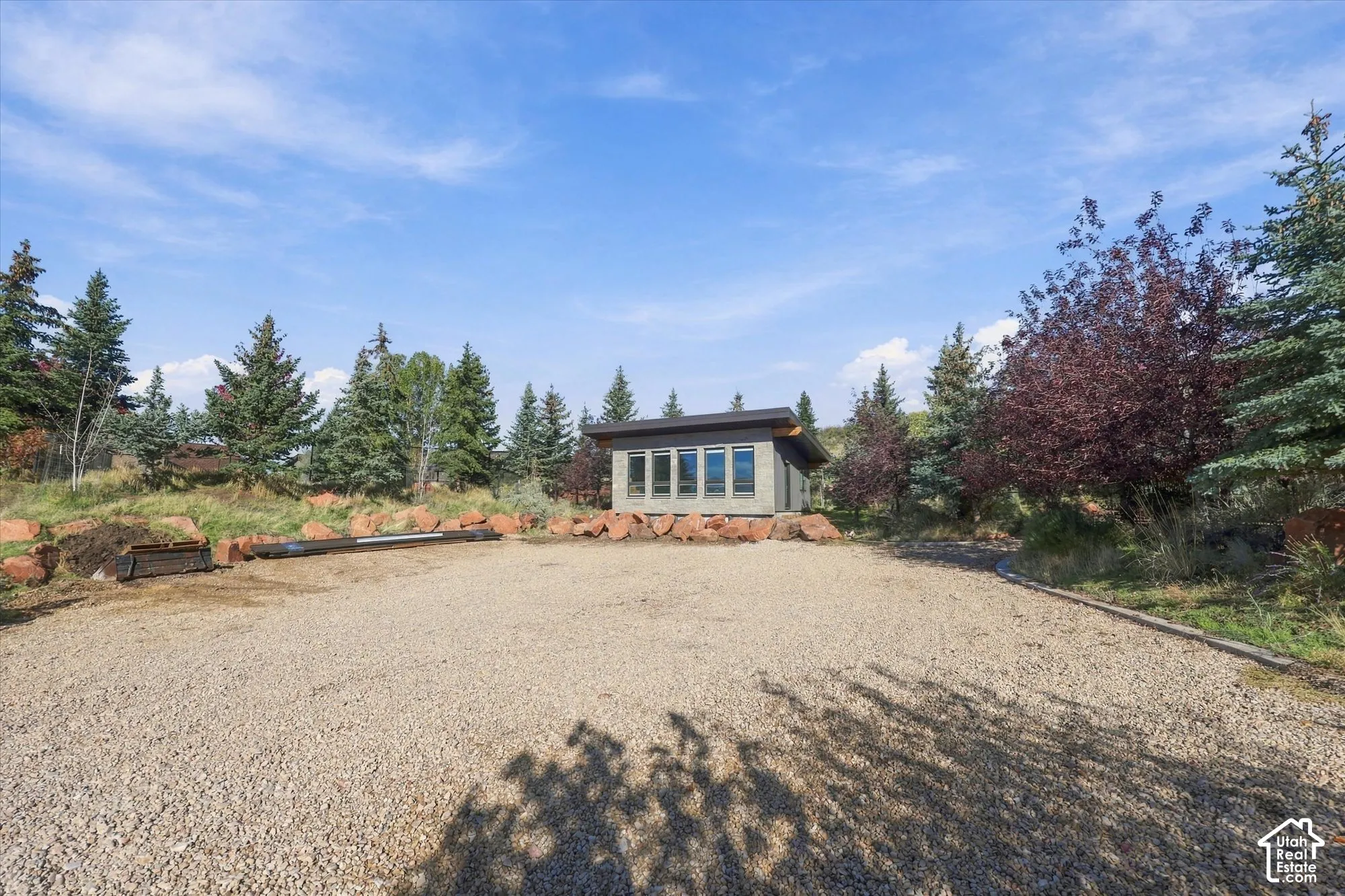 Detached structure featuring a flat roofline, vertical panel siding, and a series of large rectangular windows, set against a backdrop of mature pine trees and natural rock landscaping
