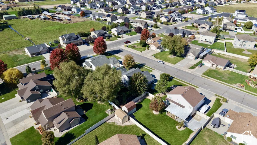 Aerial perspective of a suburban neighborhood featuring paved streets, established tree canopy, multi-level residential structures, and private fenced backyards