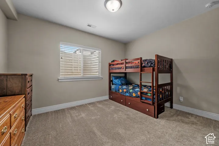 Room featuring neutral wall paint, plush carpeting, and a window with a window well cover