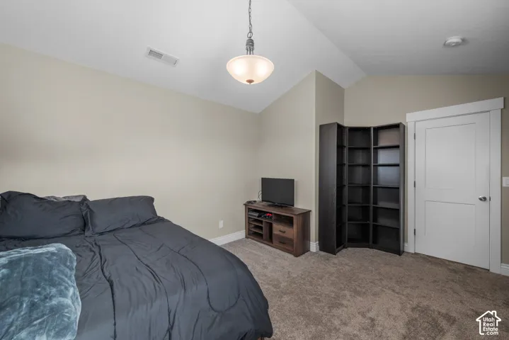 Vaulted ceilings, neutral wall palette, carpeting, and a three-panel interior door with crisp white trim
