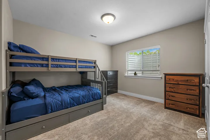 Neutral-toned room featuring wall-to-wall carpeting, a large sliding window with blinds, and a central ceiling-mounted light fixture
