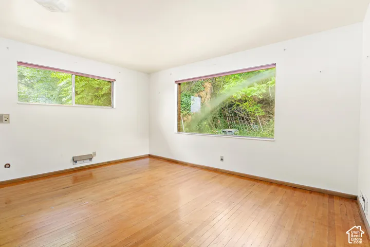 Interior room featuring wood-finish flooring, two large windows, and neutral walls