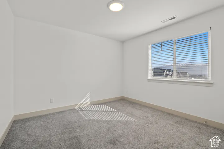 Interior space featuring wall-to-wall carpeting, neutral wall finishes, a ceiling-mounted light fixture, and a window with mountain scenery
