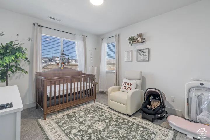 Neutral-toned room featuring plush wall-to-wall carpeting and dual-aspect windows with integrated blinds