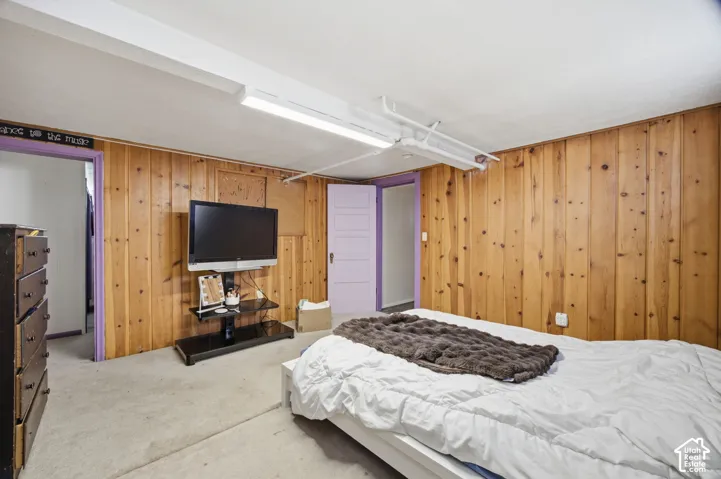 Interior room featuring wood-paneled walls, carpeted flooring, and a five-panel interior door