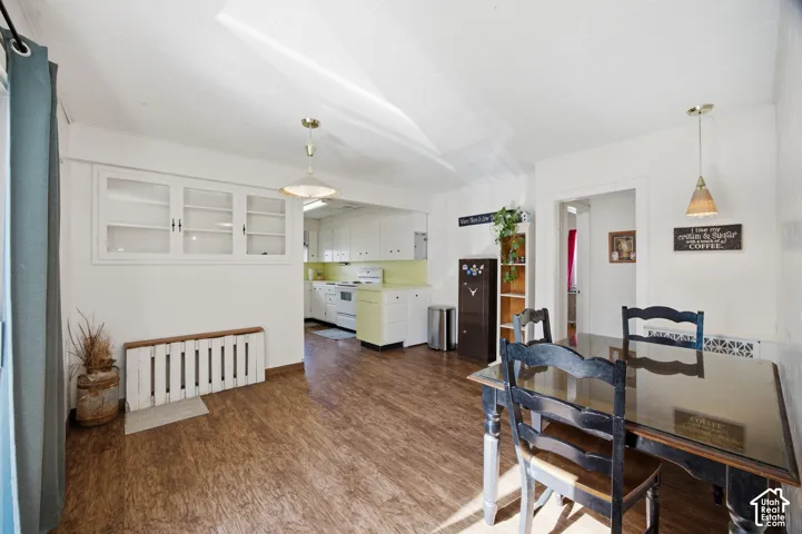 Wood-finish flooring, white built-in cabinetry, pendant lighting, and metal radiator cover