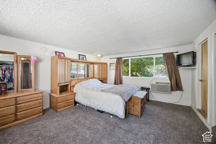 Bedroom featuring wall-to-wall carpeting, built-in wooden cabinetry, a large window with natural lighting, and an integrated wall-mounted climate control unit