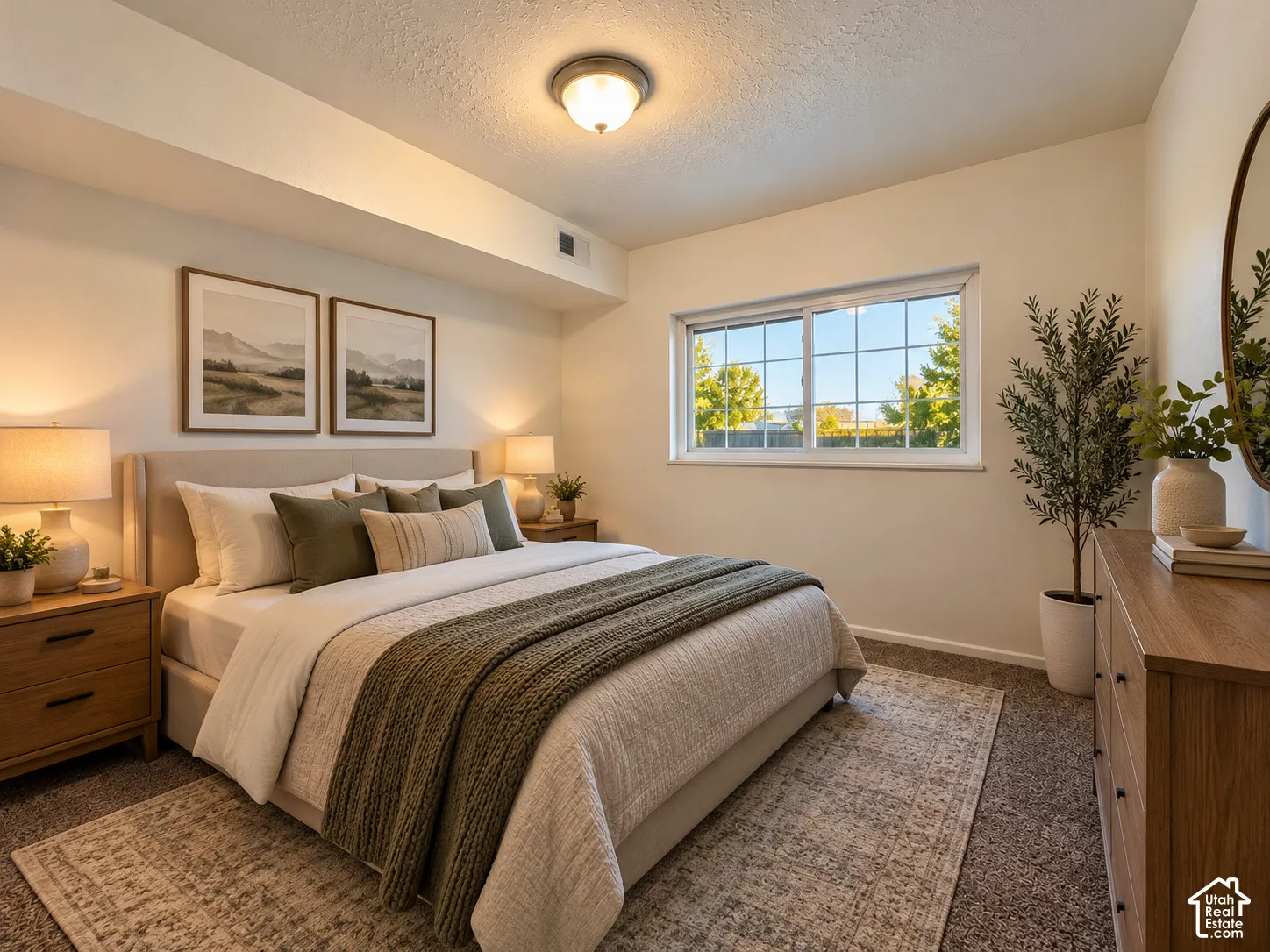 Neutral-toned walls, carpeted flooring, and a large sliding window with grid detail