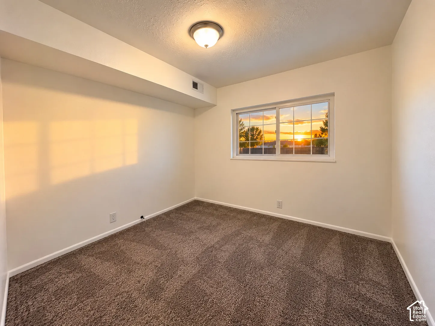 Neutral-toned interior space featuring textured carpeting, a flush-mount light fixture, and a sliding window with exterior horizon scenery