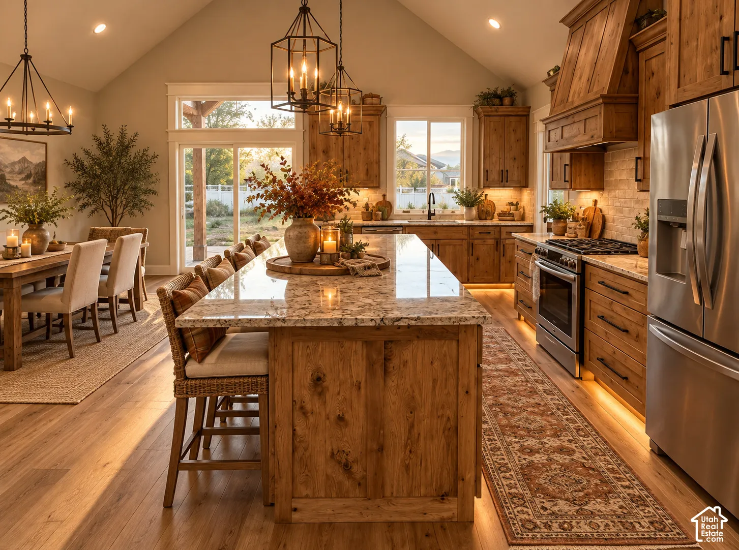 Lovely kitchen featuring a large central island with stone-finish countertops, custom stained wood cabinetry, vaulted ceiling, & stainless steel appliances. Sorry there are no under cabinet lights, AI gives you a great idea though of what you can make hap