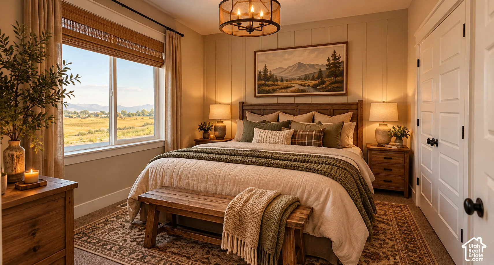 Possibilities for creation, Thanks to AI, make it your own place with board-and-batten accent wall, drum-style chandelier, multi-panel interior doors, and oversized window with mountain backdrop.
