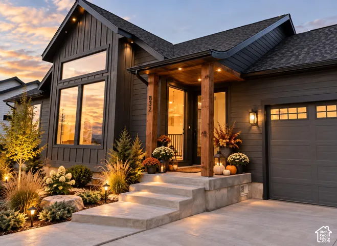 Modern exterior featuring dark horizontal lap and vertical board-and-batten siding, expansive windows, concrete entryway steps, exposed natural wood support beams, and a multi-section garage door