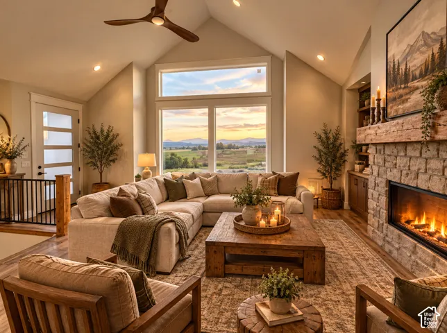 Vaulted ceilings with a timber-blade ceiling fan, expansive picture windows, stone-surround fireplace with a timber mantel and breathtaking views